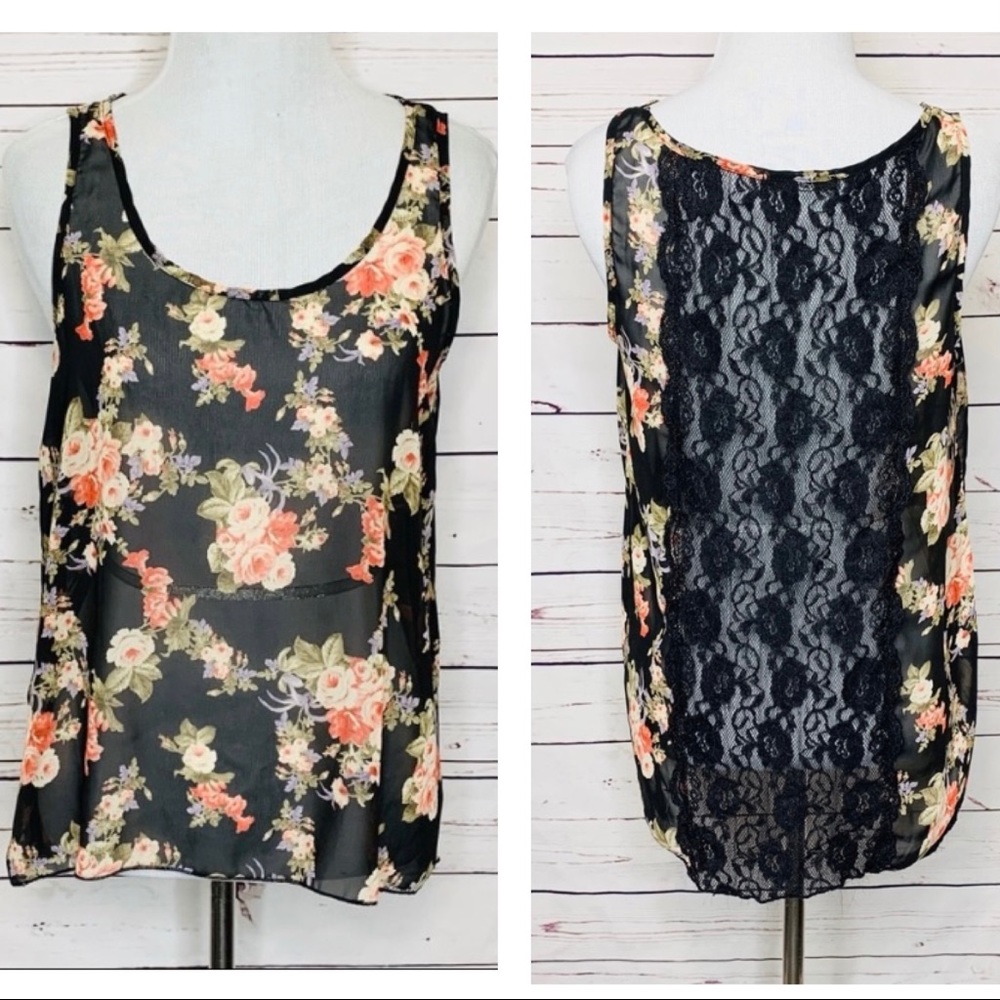 Papaya Sheer Black Floral & Lace Tank Top Size Medium